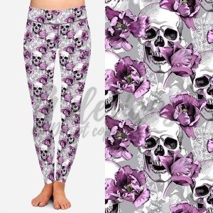 Custom leggings - Skulls with purple flowers